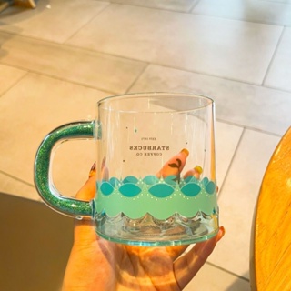 ♦2021韓國星巴克夏季海洋系列玻璃杯藍漸變帶鑽喝水杯桌面杯水杯咖啡杯馬克杯