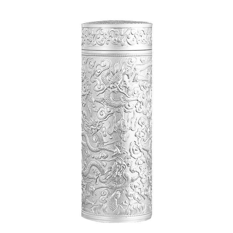 ZSK 銀杯子高檔禮品浮雕銀水杯S999純足銀內膽茶杯雪花銀養身保溫杯