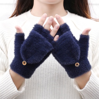 ZSK 冬季加絨加厚兩用保暖手套女可愛學生韓版半指毛絨卡通翻蓋手套