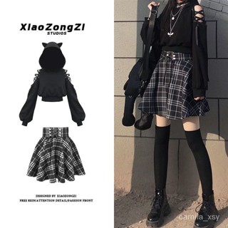 優質好貨 露肩上衣春秋甜美可愛鏤空綁帶連帽衛衣格子半身裙套裝女裝貓耳朵 ZPCJ