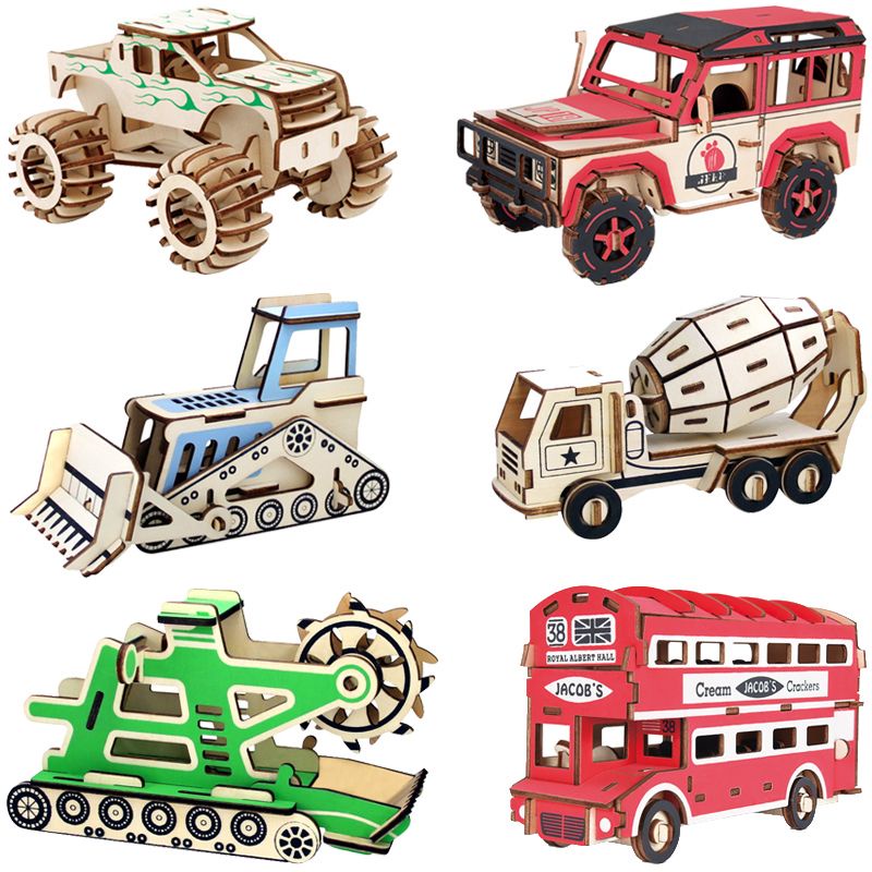 益智 木質 拼裝 激光木質3d立體拼圖木頭拼裝模型工程車汽車手工兒童木制玩具