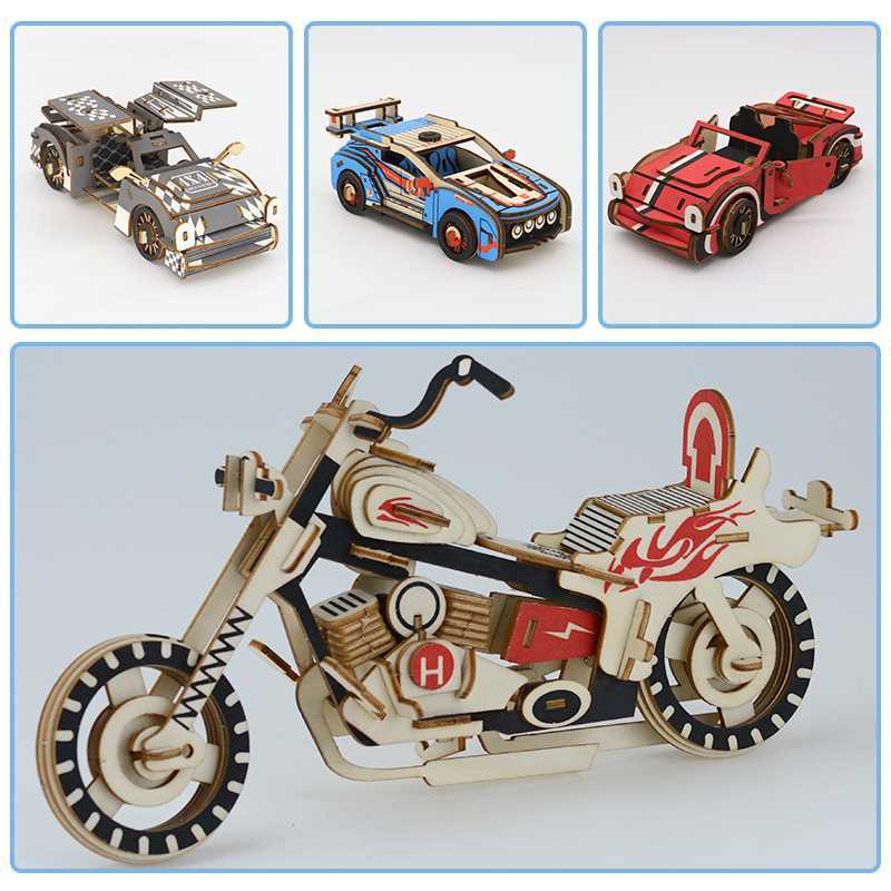 益智 木質 拼裝 木質益智3Diy立體拼圖親子手工拼裝摩托車模型擺件成人玩具木頭車