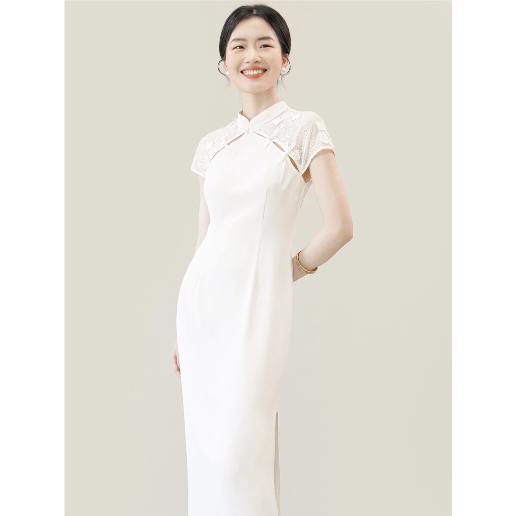 【桔束🍊】S-XL 復古優雅 華麗精美蕾絲刺繡美背旗袍洋裝 白色洋裝
