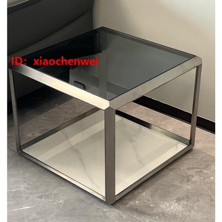 新品 低價 優惠輕奢北歐不銹鋼深灰鋼化玻璃沙發邊櫃 簡約現代巖板邊幾 方幾 角幾桌