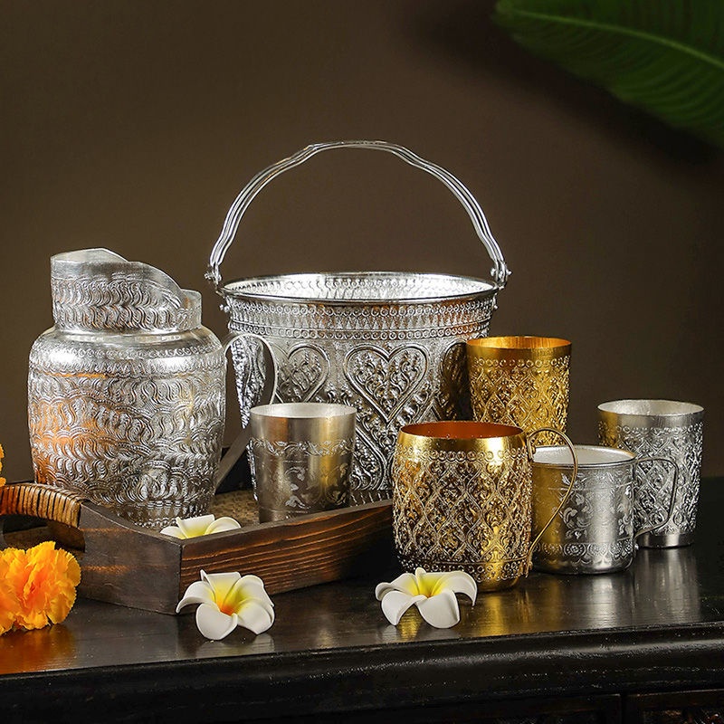 上新#泰國錫杯水杯茶杯泰式餐廳餐具杯子復古手提冰桶東南亞風格涼水壺*a0290612