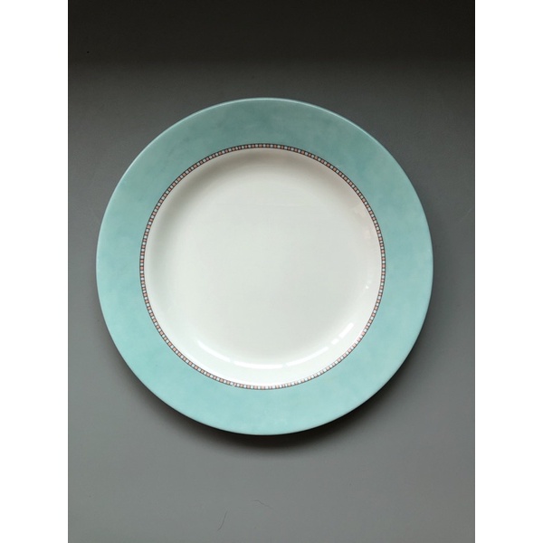 古董二手·法國Arcopal絕版藍白磚紋飾邊9吋強化餐盤·可機洗