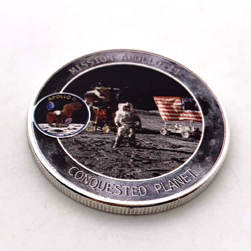 美國阿波羅11號任務鍍銀紀念幣 收藏彩印金幣硬幣飛船登月紀念章