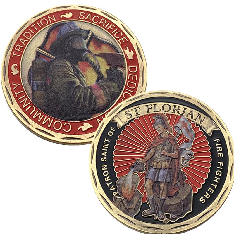 美國消防員守護神圣伏羅里安全紀念幣 收藏彩色仿古金幣幸運硬幣