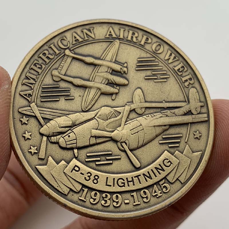 美國P38閃電戰斗機飛機鍍青古銅硬幣 空軍截擊機金幣紀念幣