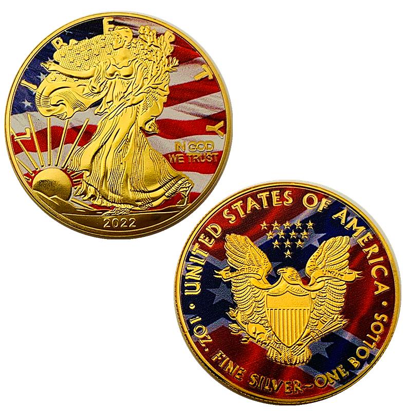 2022美國自由女神鍍金彩繪紀念章 把玩創意工藝硬幣金幣紀念幣