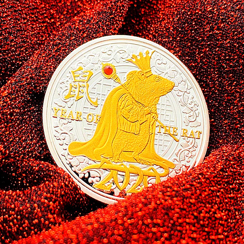 2020十二生肖皇冠老鼠國王動物雙色鍍銀鑲鉆紀念幣 收藏幣鼠硬幣