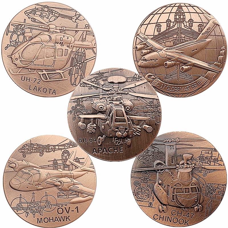 5枚美國飛機戰斗機幣浮雕紅古銅紀念章 浮雕直升機硬幣紀念幣金幣