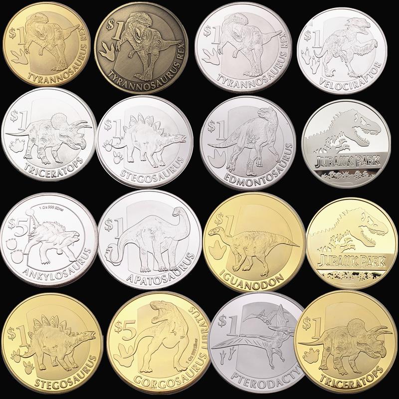 16枚美國霸王恐龍鍍金紀念幣 收藏動物硬幣金幣牙仙子兒童紀念章