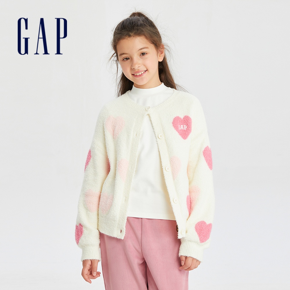 Gap 女童裝 Logo圓領針織長袖外套-米色愛心(719098)