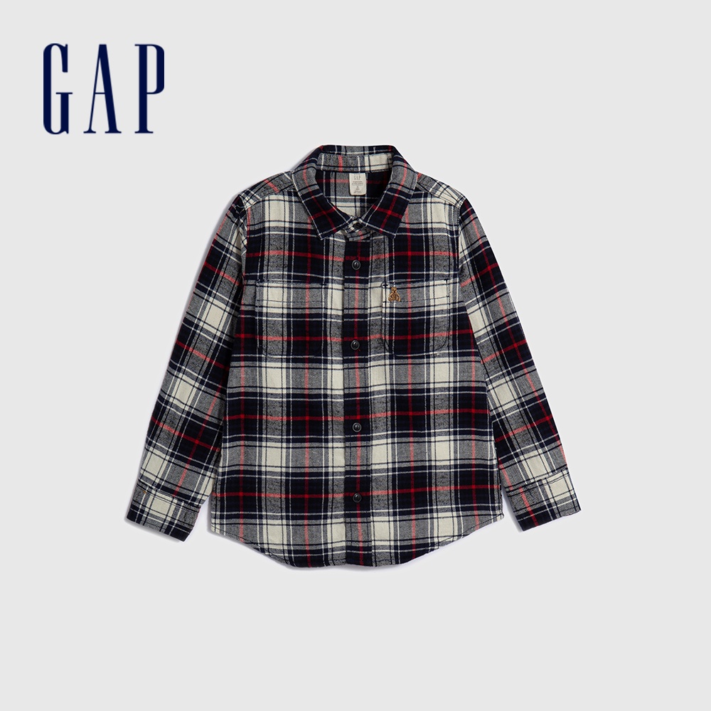 Gap 男幼童裝 純棉小熊刺繡翻領長袖襯衫-黑白格子(779283)