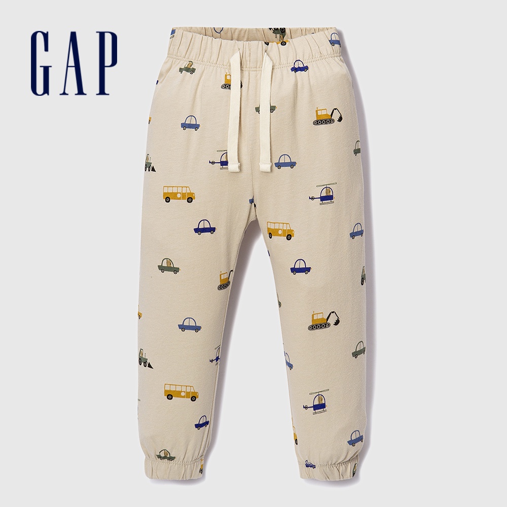 Gap 嬰兒裝 純棉印花抽繩束口鬆緊棉褲 布萊納系列-米黃色(787460)