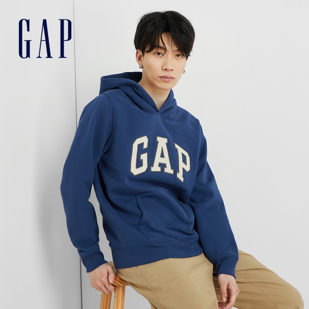 Gap 男女同款 Logo刷毛長袖帽T 碳素軟磨系列-藍色(791339)