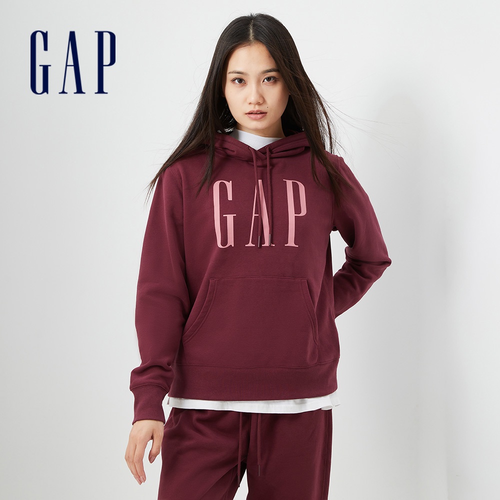 Gap 女裝 Logo帽T 碳素軟磨系列-酒紅色(809238)