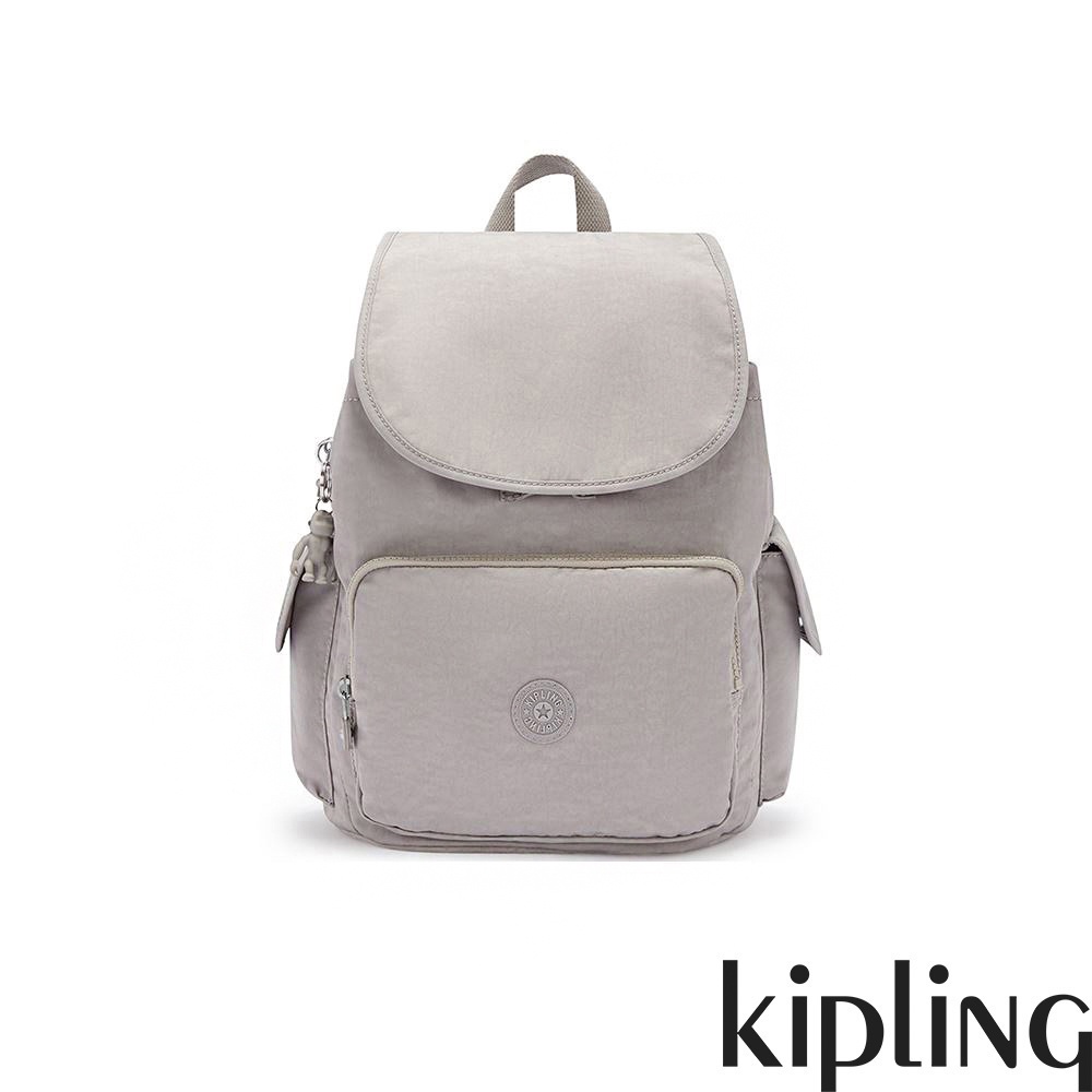 Kipling『猴子包』溫柔沉穩灰拉鍊掀蓋後背包-CITY PACK