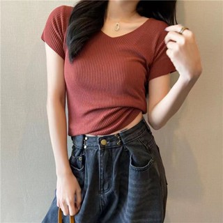 【Sweet Oversize】冰絲T恤女夏V領短袖春夏新款韓版修身打底上衣百搭針織衫純色學生