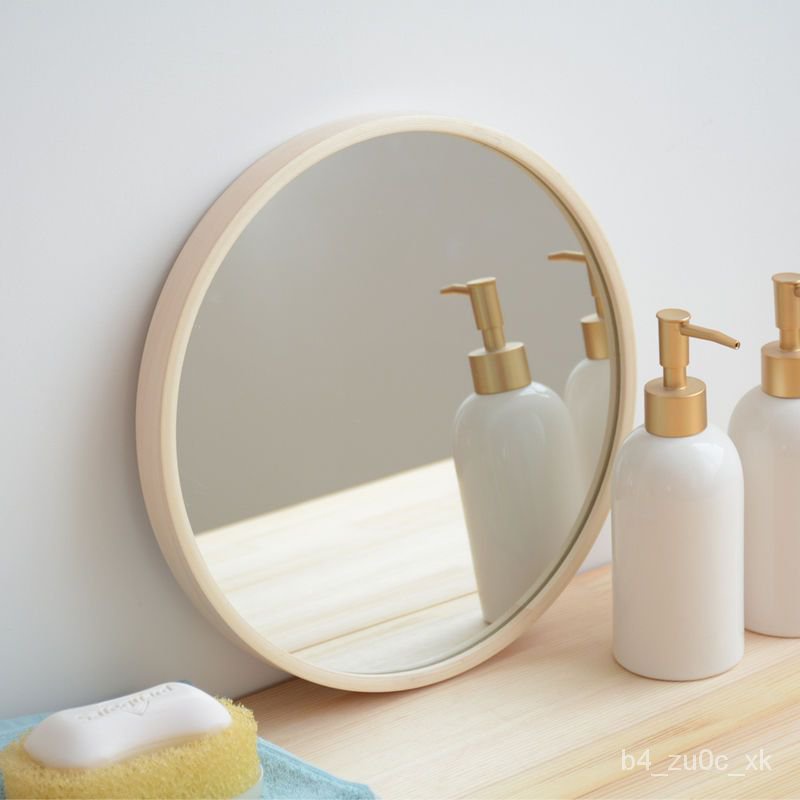 新品#免運 鏡子 化妝鏡 浴室鏡 化妝鏡梳妝鏡子洗手間壁掛實木貼墻超大木框圓鏡浴室鏡