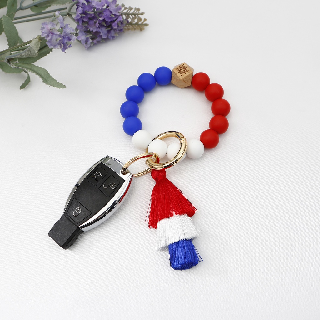 紅藍白硅膠珠手腕鑰匙扣美國獨立日流蘇硅膠手環鑰匙圈