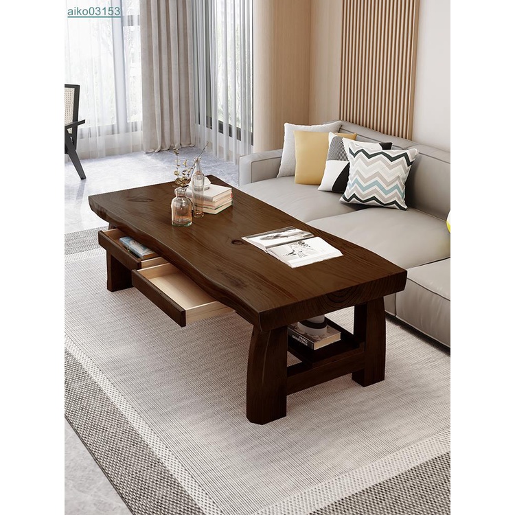 精選【可免運】實木大板60cm高茶幾餐桌兩用家用雙層茶幾長方形可吃飯現代客廳