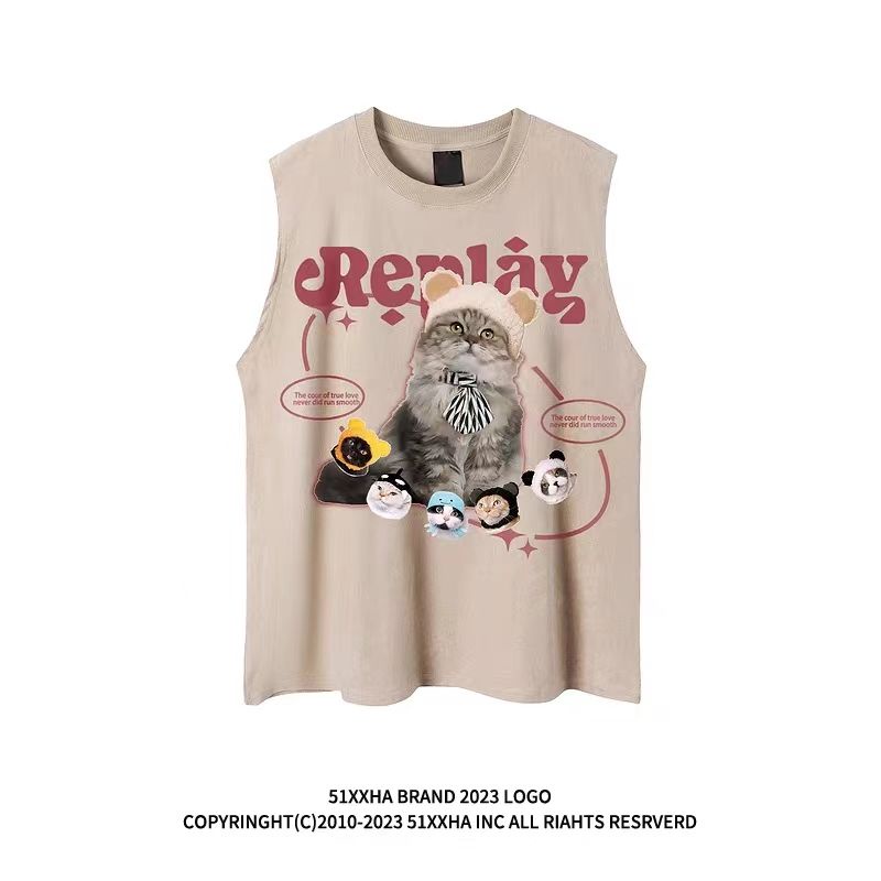 【新品熱賣】【臺灣出貨】新款夏季vintage貓咪印花訓練健身無袖T恤男女複古寬鬆背心汗衫男女衕款tank