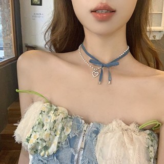 甜慾學妹牛仔珍珠愛心蝴蝶結雙層頸鏈項鏈配飾ins風簡約法式氣質復古韓國項鏈蝴蝶結項鏈鎖骨鏈韓版珍珠項鏈蝴蝶結項鏈綁帶絲帶