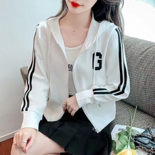女生外套 夾克外套 大尺碼外套 冬天外套 白色拉鏈開衫衛衣女春秋薄款韓版寬松小香風減齡連帽短款上衣外套