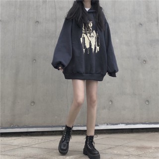 女生帽t 帽t外套 刷毛帽t 連帽衛衣 女生上衣 秋冬韓版新款加絨BF風寬松中長款印花長袖衛衣女復古慵懶外套