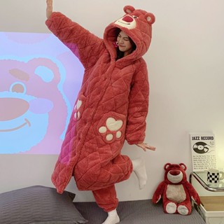 睡袍女新款冬季卡通保暖情侶睡衣三層夾棉加厚珊瑚絨家居服可外穿