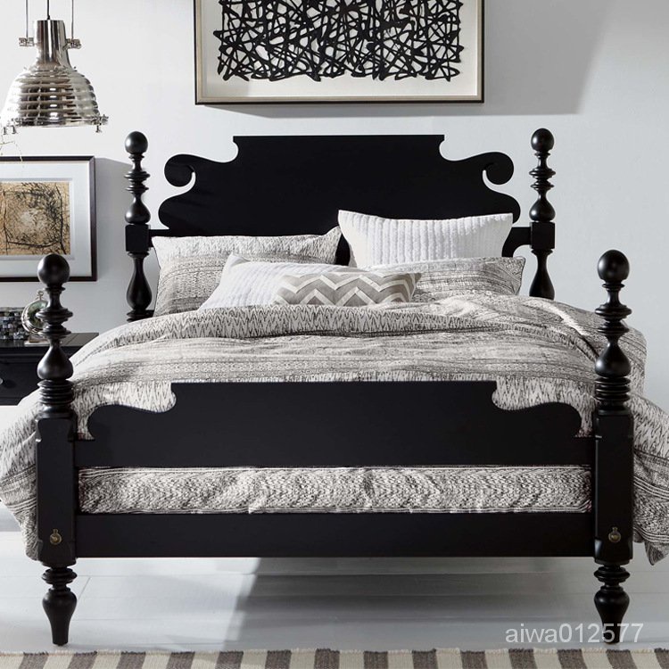 限時免運 美式實木床現代簡約橡木臥室黑色雙人床時尚設計法式床架 床架 床組 榻榻米床架 雙人床 大床 實木床 北歐床
