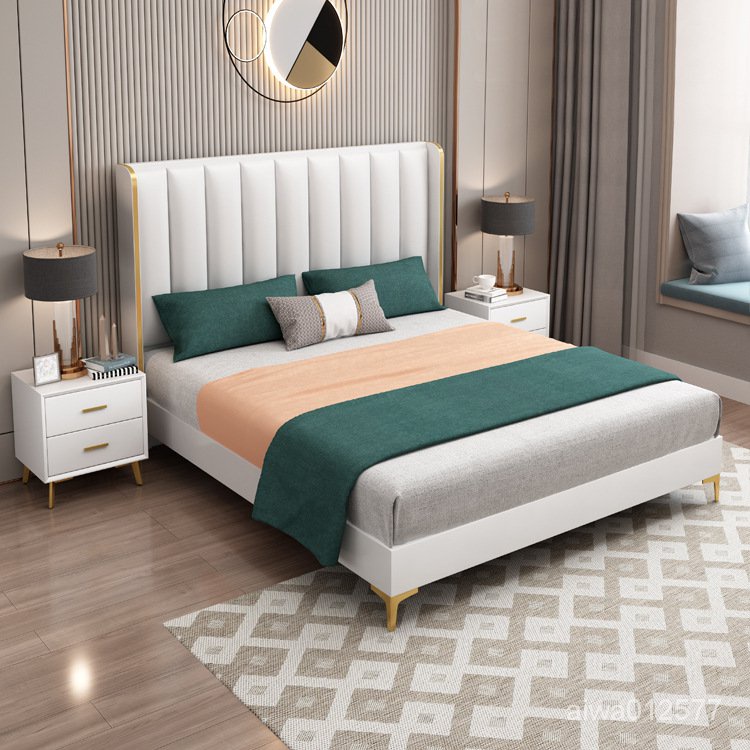 美式輕奢實木床現代簡約主臥雙人床架出租屋1.8米科技佈床頭 床架 床組 榻榻米床架 雙人床 大床 掀床 儲物床