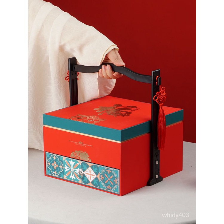 國潮中秋禮盒手提月餅包裝盒雙層8粒酒店定製高檔禮品盒提籃空盒