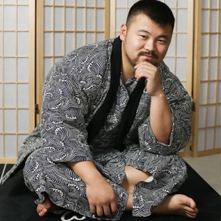 日本 和服 半纏 浴衣 男 日系 和風 海浪 花紋 冬季 棉衣 浴袍 加厚