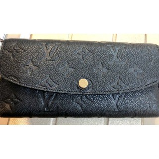 二手 Louis Vuitton LV M62369 EMILIE 經典花紋全皮革壓紋扣式長夾.黑