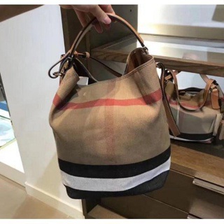 二手 BURBERRY THE ASHBY Canvas 棕色帆布格子水桶包 中號 斜背包