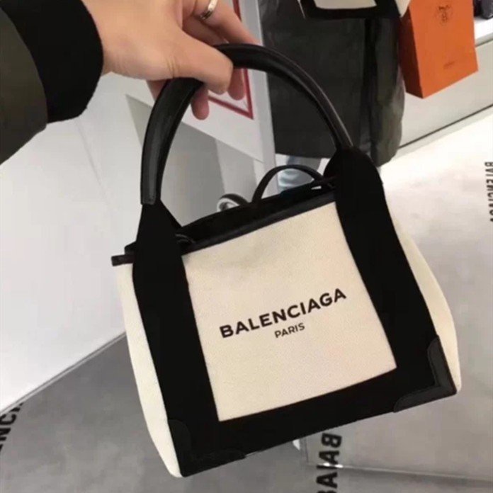 二手 BALENCIAGA 帆布包 小款 NAVY CABAS XS 手提 肩背 托特包 白+黑色