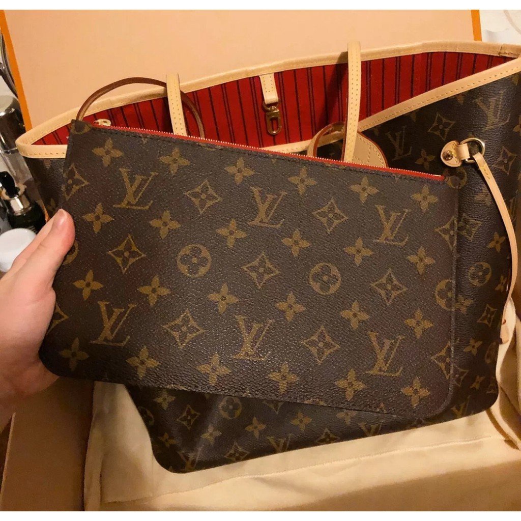 二手 LV M41177/M41245紅色內裡 NEVERFULL 手提托特包 經典 花紋 子母束口包 購物袋