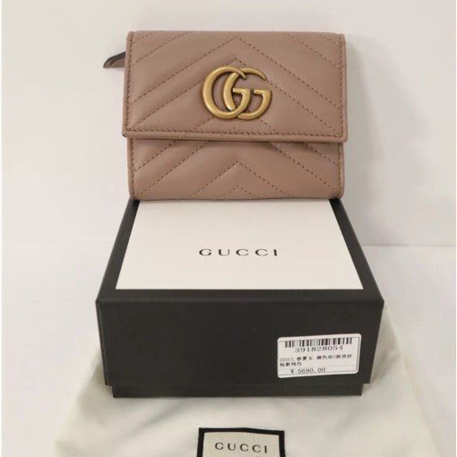 二手 Gucci GG Marmont Wallet 黑色斜紋縫線 真皮三折式短夾 卡夾 皮夾男女短夾