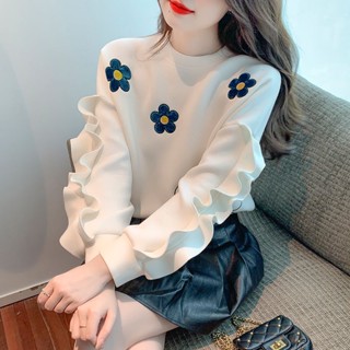 SY秋季新款衛衣女圓領長袖T恤木耳邊印花上衣小眾高階感衛衣休閒百搭寬鬆上衣素色長袖上衣ins潮