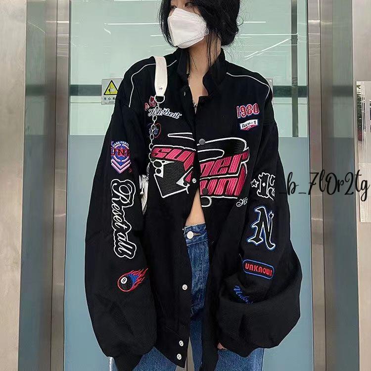 不限制任何身材！ 美式賽車服棒球服女春秋新款復古寬松印花百搭夾克機車外套ins潮