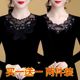 ✨✨蕾絲長袖打底衫 薄款/加絨時尚保暖蕾絲網紗打底衫女裝加厚長袖大碼胖MM上衣T恤女