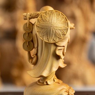 高10公分 黃楊木雕擺件實木雕刻工藝品家居裝飾汽車載銅錢福袋彌勒佛手把件vhjn
