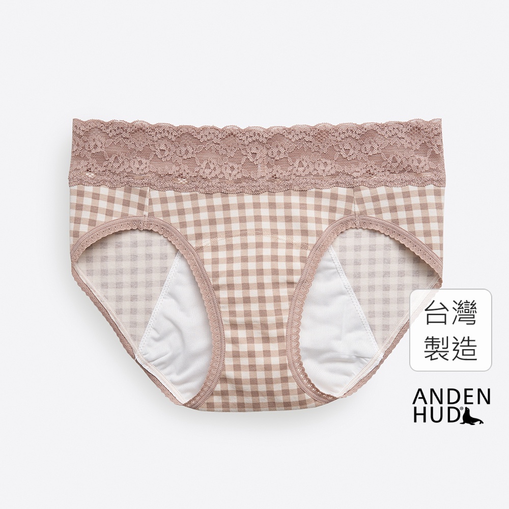 【Anden Hud】溫暖陪伴．蕾絲中腰生理褲(樺木米-野餐格) 純棉台灣製