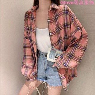 格子襯衣女韓系設計感小個子春夏復古百搭寬松襯衫防曬內搭外套運動外套 連帽外套 連帽上衣 衣服 冬天 長袖上衣