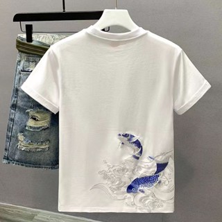 🔥現+免運 男生衣服 T恤男 短袖T恤 短袖上衣 男生衣著 夏季刺繡魚中國風2023短袖T恤男潮流男裝ins上衣休閑寬