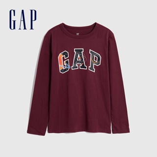 Gap 男童裝 Logo/印花純棉長袖T恤-酒紅色(772663)