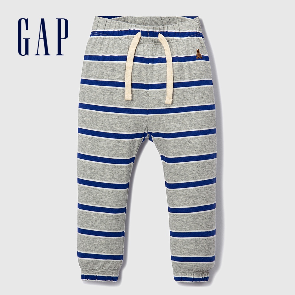 Gap 嬰兒裝 Logo純棉小熊刺繡抽繩束口鬆緊棉褲-藍灰條紋(787443)